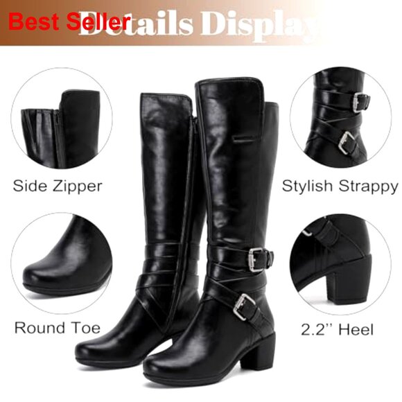 Knee High Boots Chunky Heel Pointed Toe Leather Lining Comfortable - Picture 4 of 7